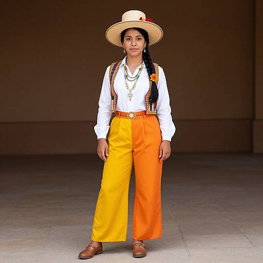 Woman in Traditional Colorful Vest and Two-Tone Trousers with Straw Hat