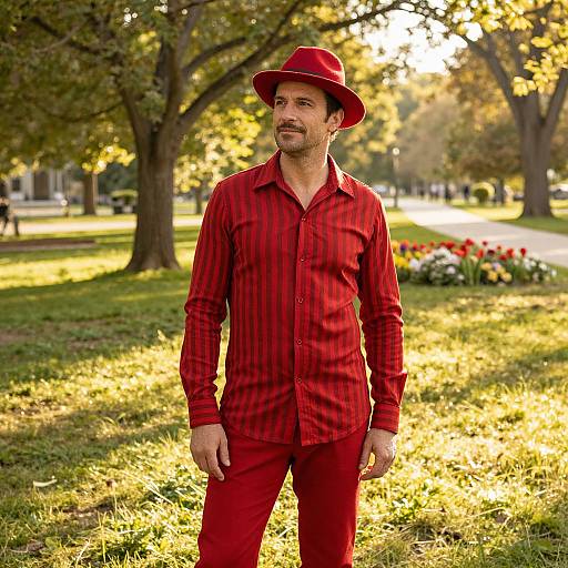 Man Wearing Red Outfit and Fedora Standing in Sunlit Park