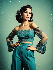 Vintage Style Woman in Teal Off-Shoulder Lace Crop Top and High-Waisted Trousers