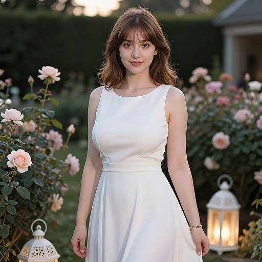 Young Woman in White Dress Among Rose Garden at Dusk