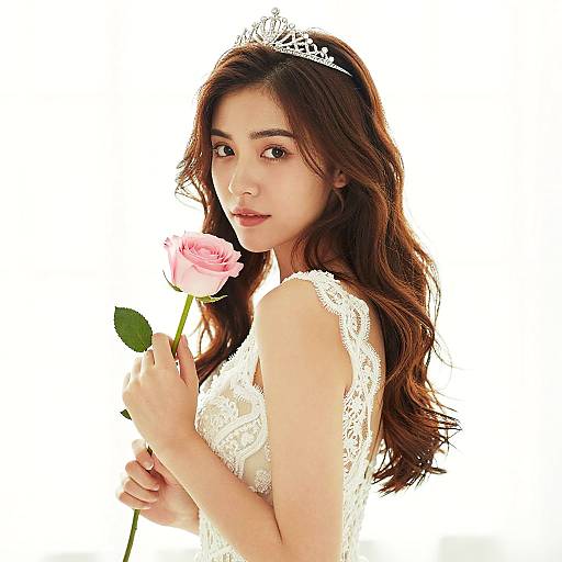 Elegant Young Woman Wearing Tiara Holding Pink Rose in Lace Dress