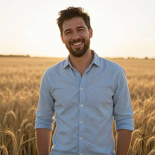 Smiling Young Man in Wheat Field at Sunset