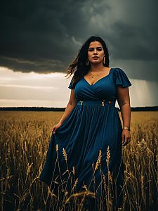 Trendy Plus Size Summer Dress Woman in Blue Dress Standing in a Wheat Field