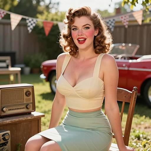 Vintage 1950s Style Woman Outdoors with Retro Car and Radio