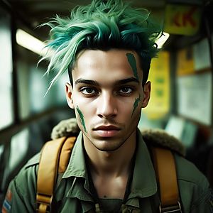 Young man with teal hair and face paint in military jacket