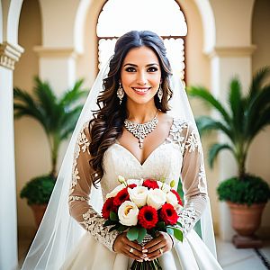 Elegant Bride in Lace Dress with Bouquet