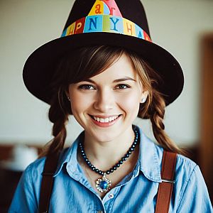 Young Woman in Blue Shirt with Colorful Hat and Necklace