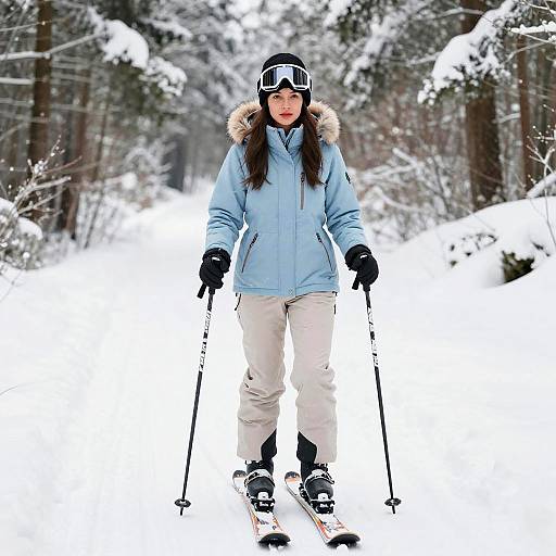 Woman Skiing on Snowy Forest Trail in Winter Jacket