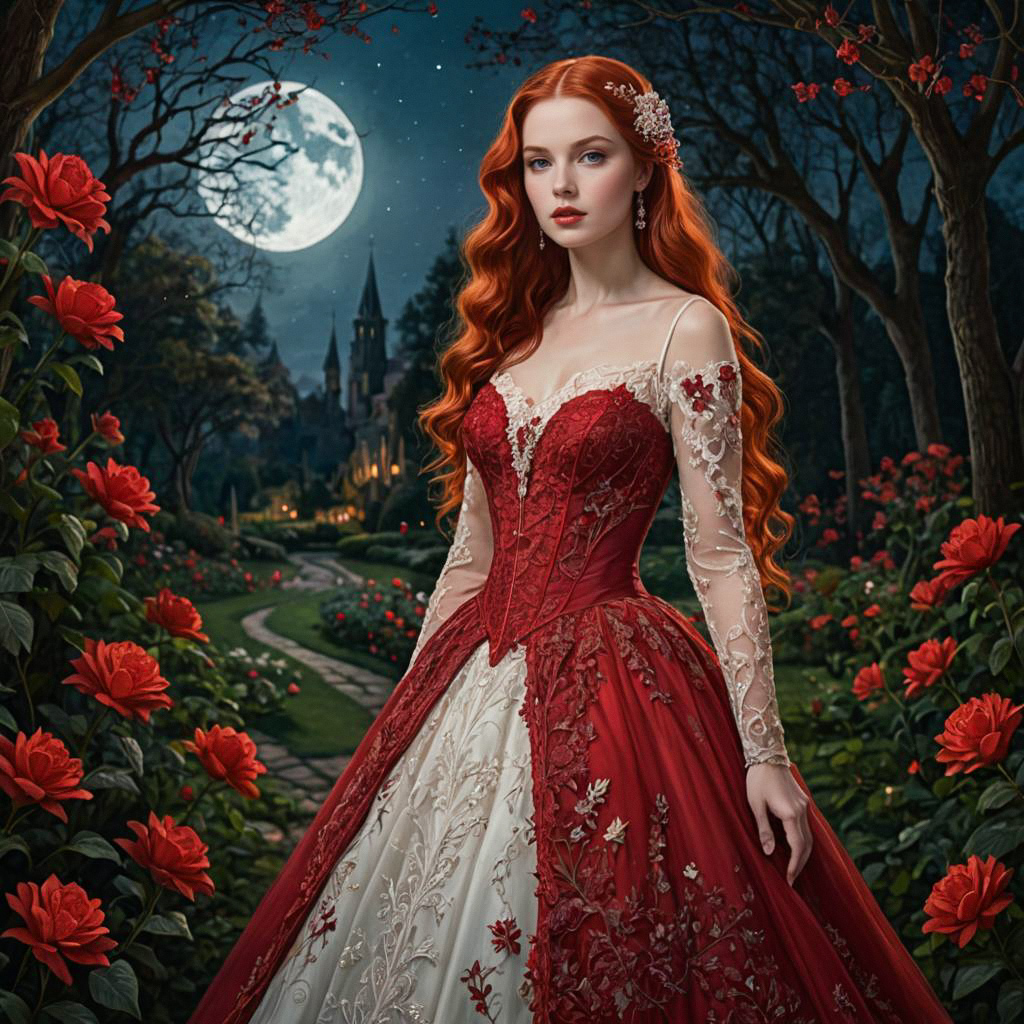 Red-haired Woman in Lush Garden Under Full Moon Red-haired Woman in Lush Garden Under Full Moon