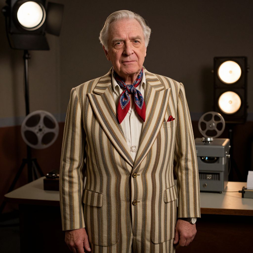 Vintage Elderly Man in Striped Suit with Film Projectors in Studio