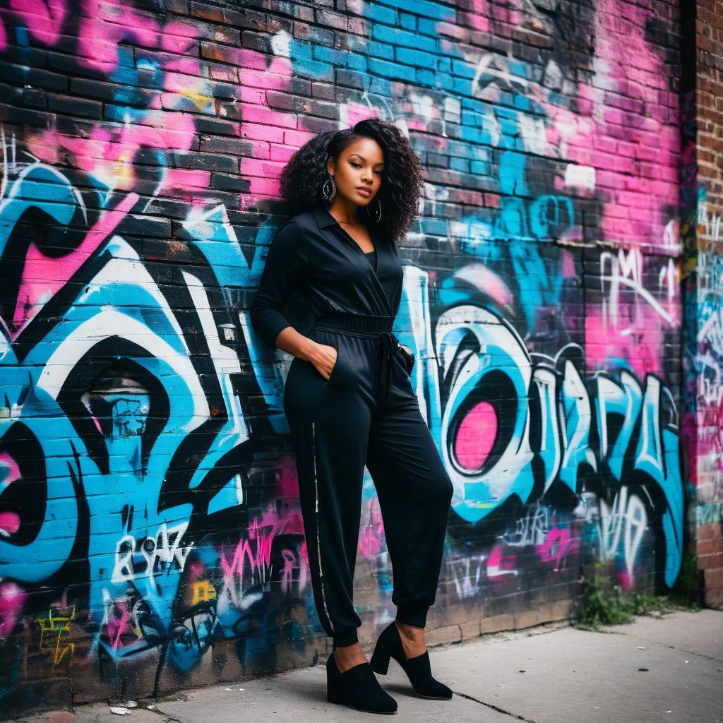 Stylish Woman in Black Jumpsuit Against Graffiti Wall