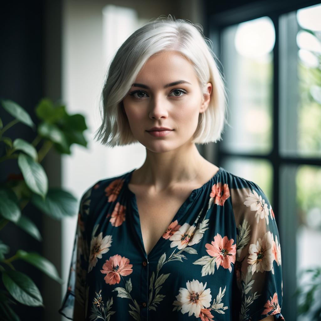 Portrait of Young Woman with Platinum Blonde Hair in Floral Blouse Indoors