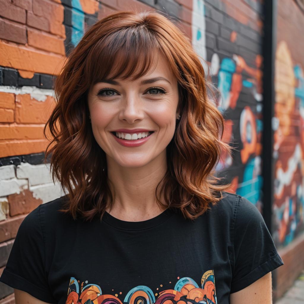 Smiling Woman with Auburn Hair and Graffiti Background