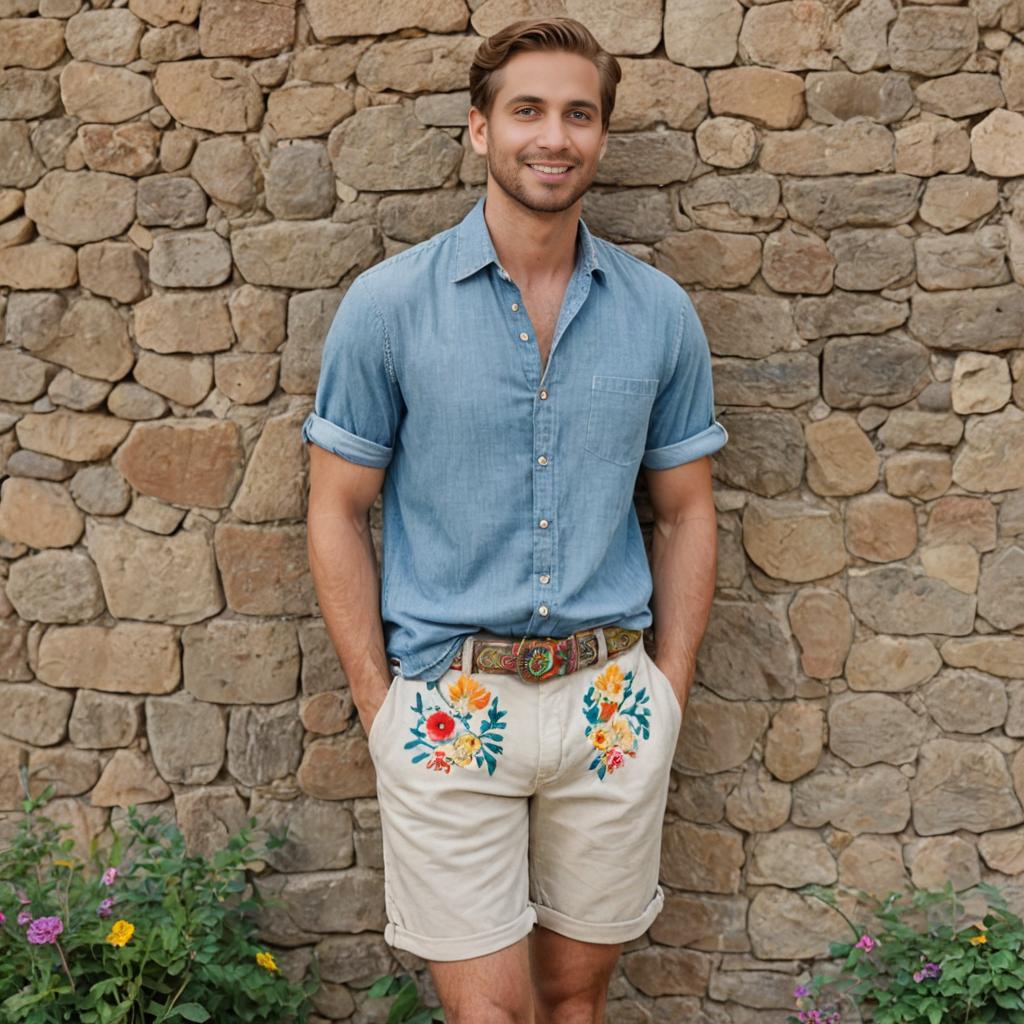 Man in Casual Summer Attire by Stone Wall