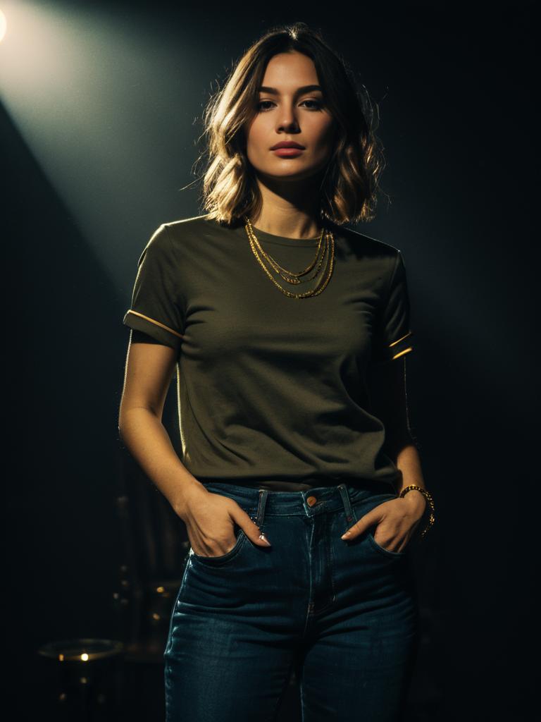 Confident Woman in Casual Olive Green Round Neck T-Shirt with Rolled-Up Sleeves