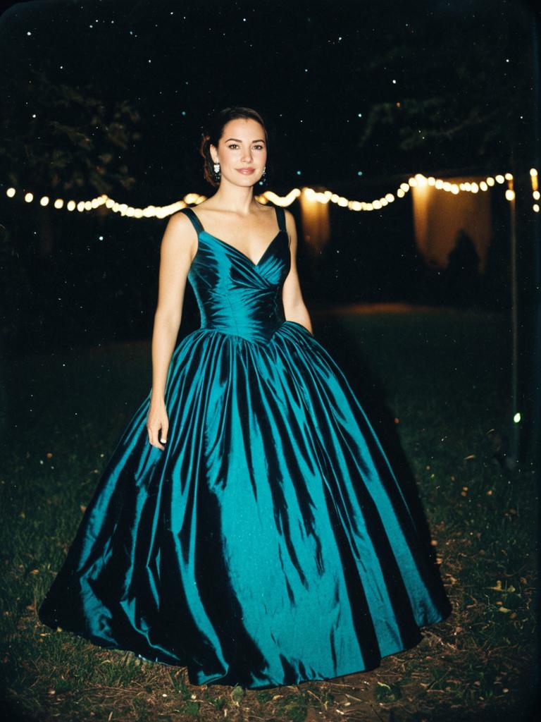 Woman in Teal Party Gown Photorealistic Outdoor Night Portrait with String Lights