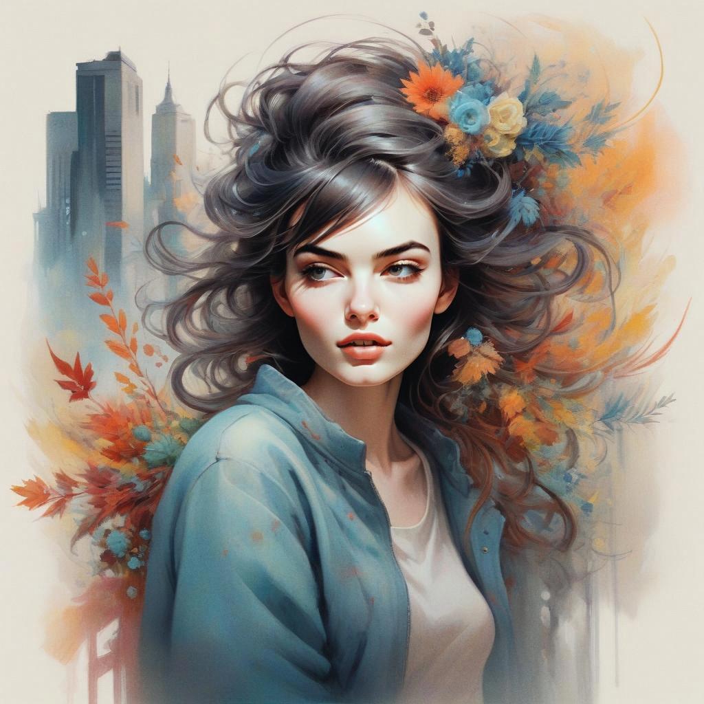 Woman with Flowing Hair and Flowers against Urban Skyline