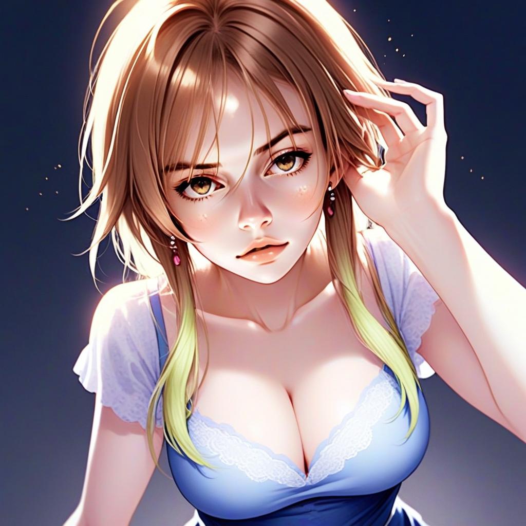 Anime Style Portrait of Young Woman with Light Brown Hair in Blue Lace Top