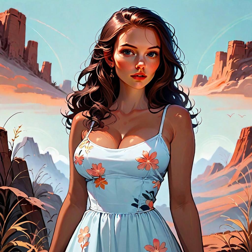 Digital Illustration of Woman in Floral Dress at Desert Canyon