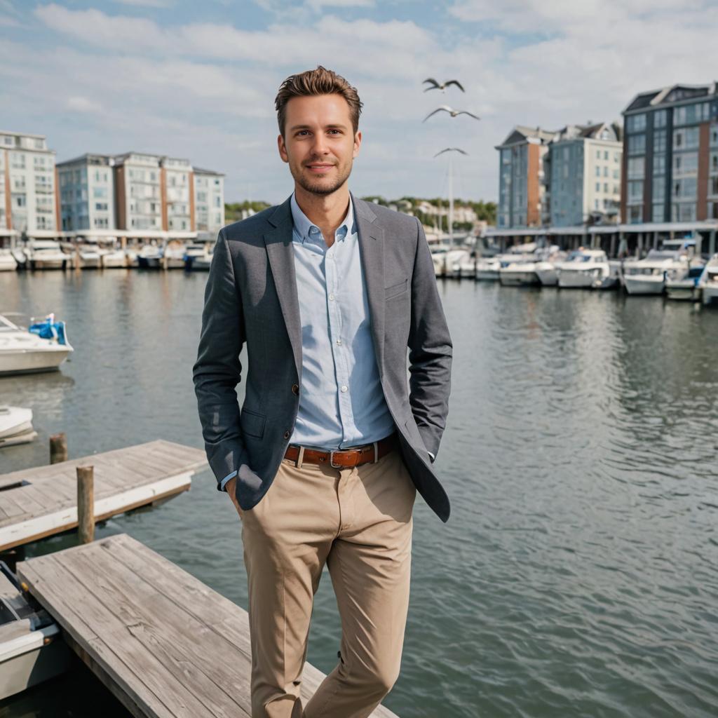 Confident Man on Dock with Waterfront View