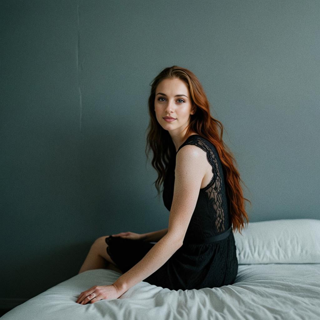 Young Woman in Elegant Black Lace Dress