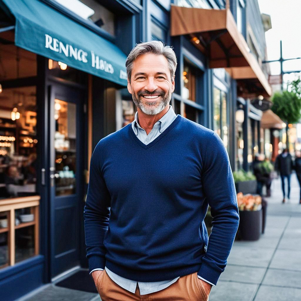 Confident Man Outside Cozy Café Confident Man Outside Cozy Café