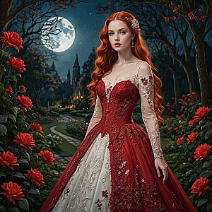 Red-haired Woman in Lush Garden Under Full Moon