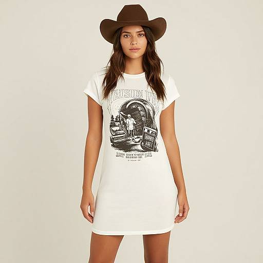 Woman Wearing White T-Shirt Dress with Vintage Graphic and Brown Cowboy Hat