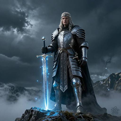 Medieval Knight in Shining Armor with Enchanted Sword on Misty Cliff