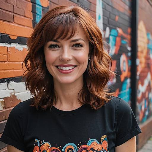 Smiling Woman with Auburn Hair and Graffiti Background