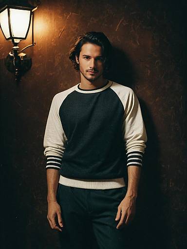 Man Cosplay Wearing Black and White Raglan Sweatshirt Realistic Photo