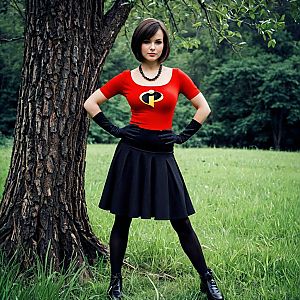 Woman in Incredibles Costume Standing Outdoors by Tree