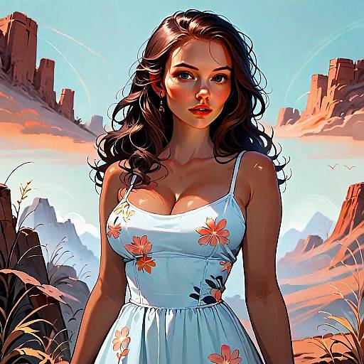 Digital Illustration of Woman in Floral Dress at Desert Canyon