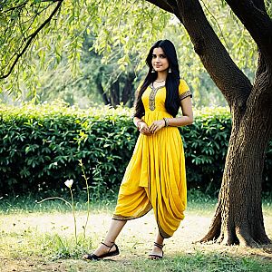 Young Woman in Yellow Dhoti Frock Outdoors