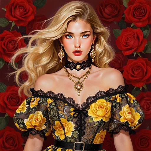 Elegant Blonde Woman in Yellow Rose Dress with Red Rose Background Digital Portrait