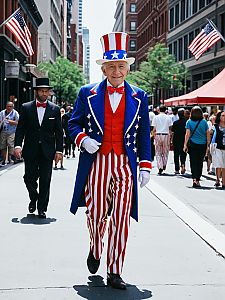 Elderly Man in Patriotic Costume on City Street