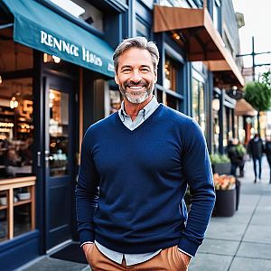 Confident Man Outside Cozy Café