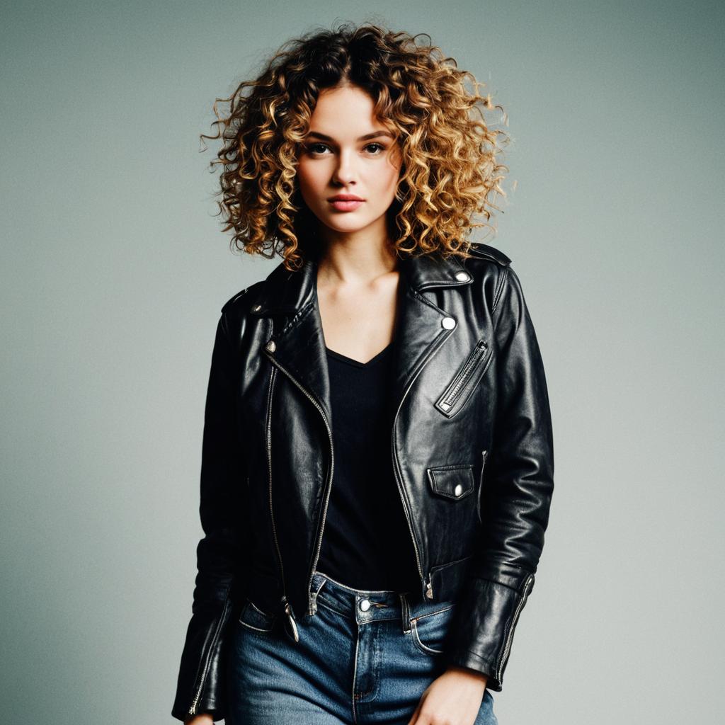 Young Woman with Curly Hair Wearing Black Leather Jacket and Jeans
