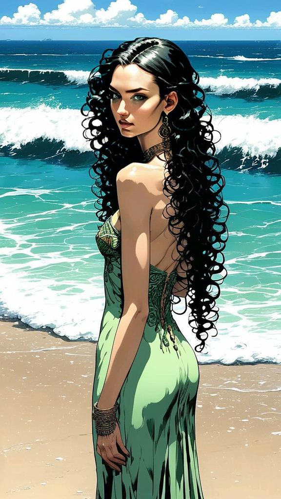 Woman in Green Dress on Beach with Waves Woman in Green Dress on Beach with Waves