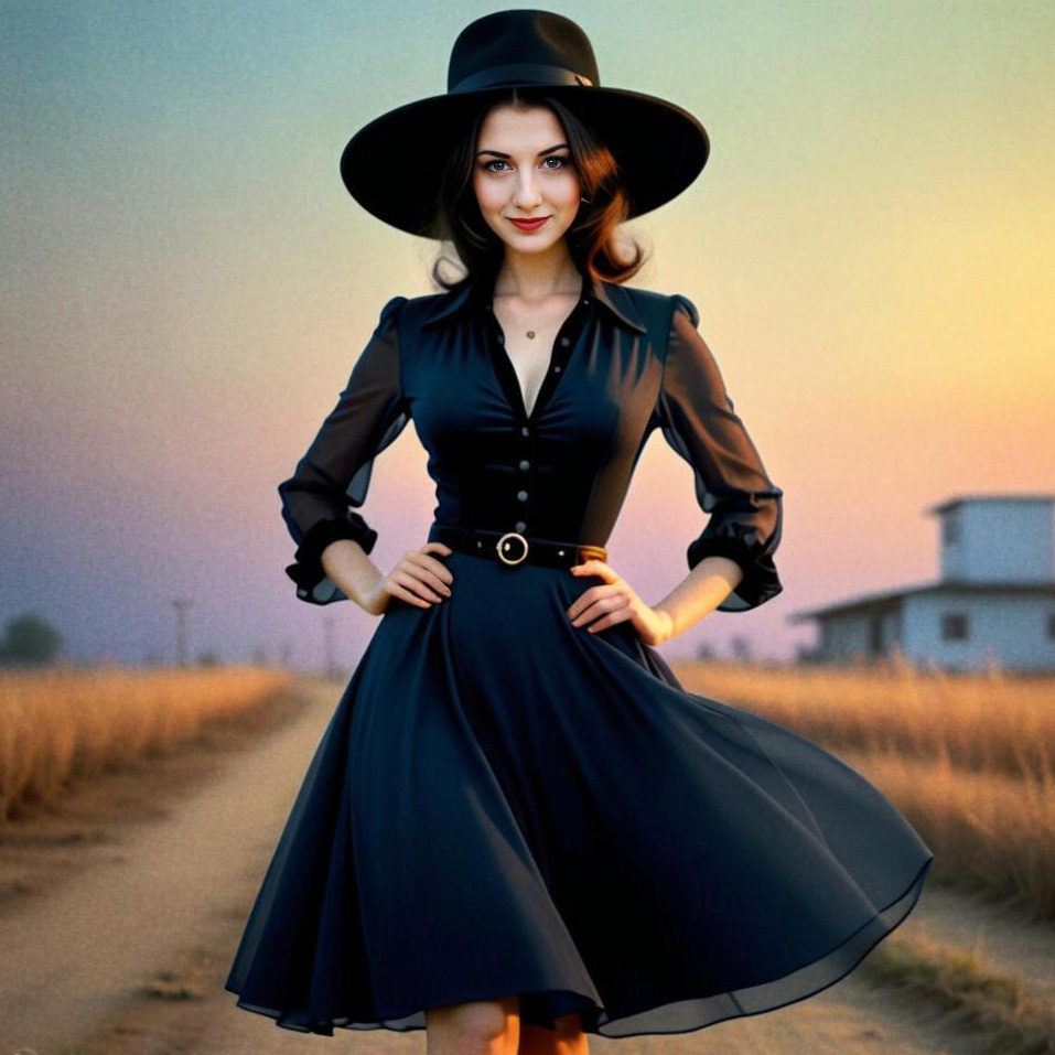 Elegant Woman in Black Dress on Sunlit Path