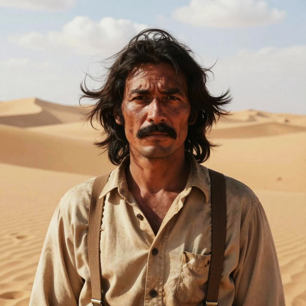 Rugged Man in Desert with Mustache and Suspenders
