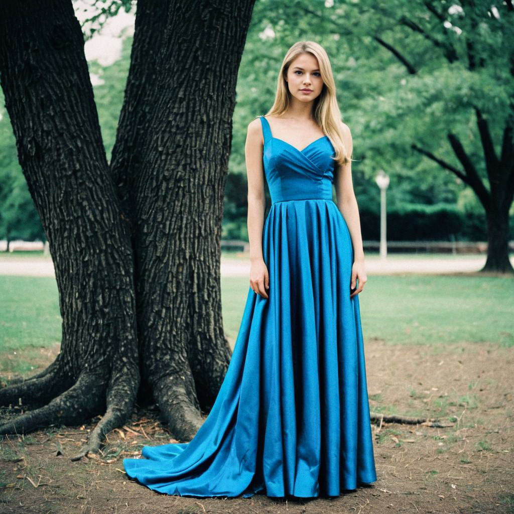 Young Woman in Blue Dress by Tree