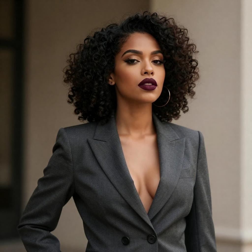 Stylish Young Woman in Grey Blazer with Bold Makeup Gen Z Fashion