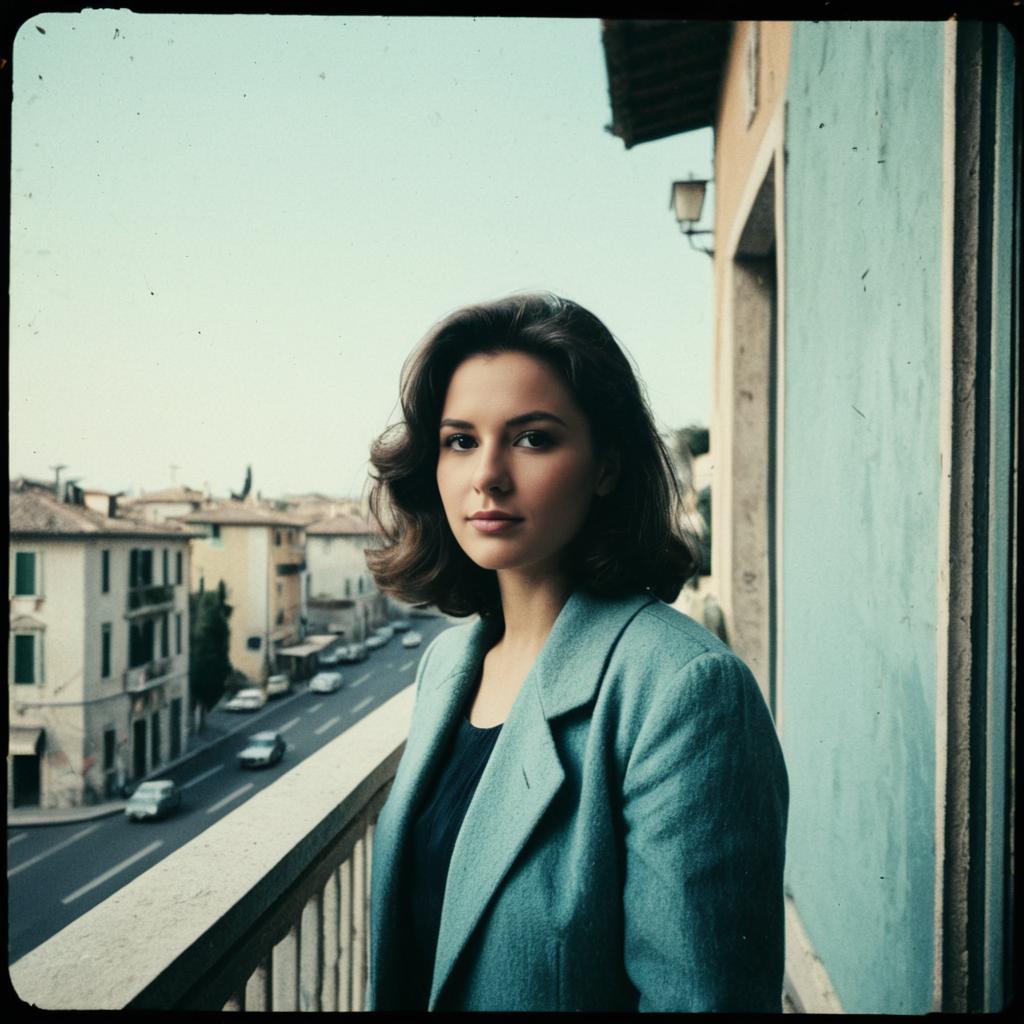 Portrait of Young Woman in Teal Coat on Balcony with Vintage Film Style
