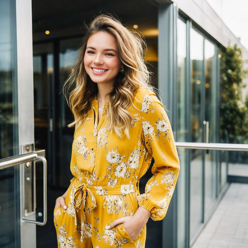 Young Woman in Yellow Floral Dress by Glass Building
