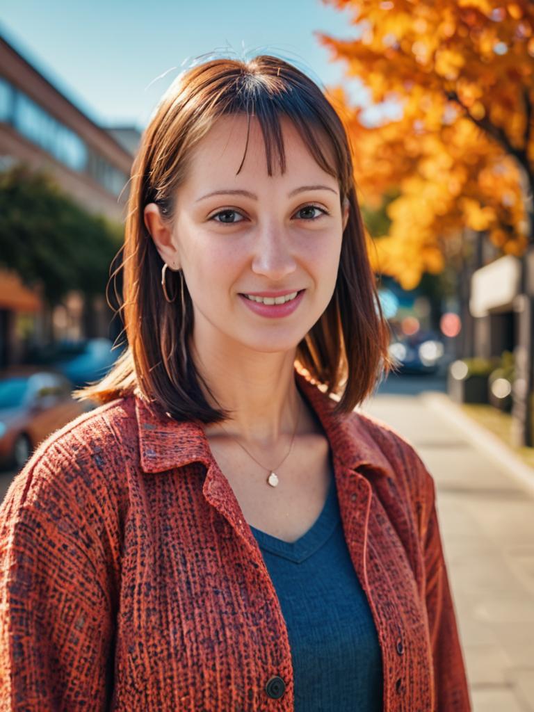 Woman in Orange Jacket on Urban Street in Autumn