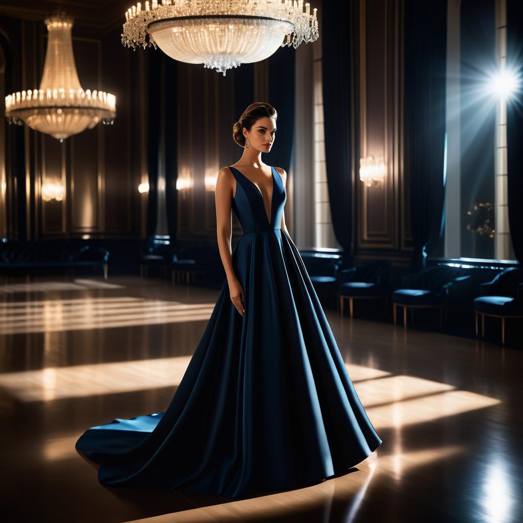 Elegant Woman in Blue Gown at Opulent Ballroom