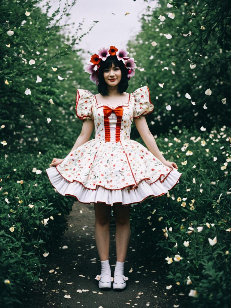 Woman in Floral Petal Dress Cosplay in Garden with Flower Petals