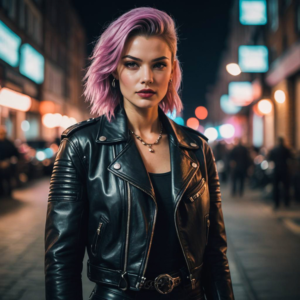 Stylish woman with pink hair in neon city at night