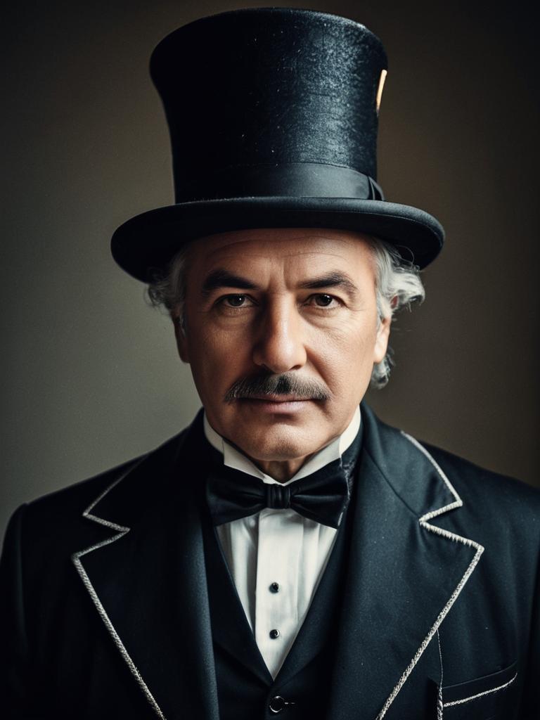 Photorealistic Headshot of Man in Classic Magician Costume with Top Hat
